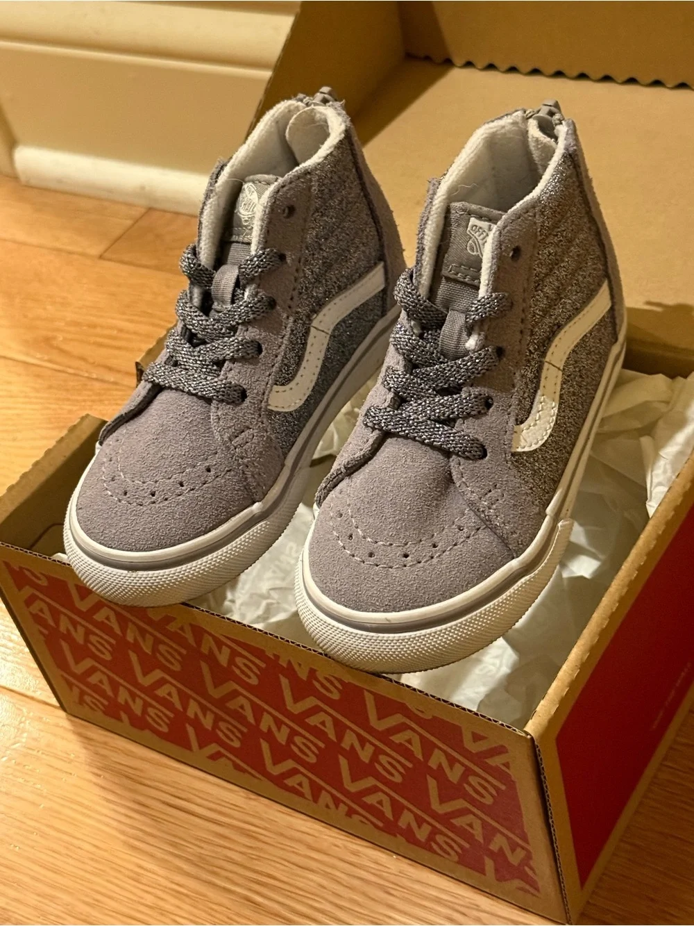 Vans Toddler High-Top Glitter Sneakers in Gray and White